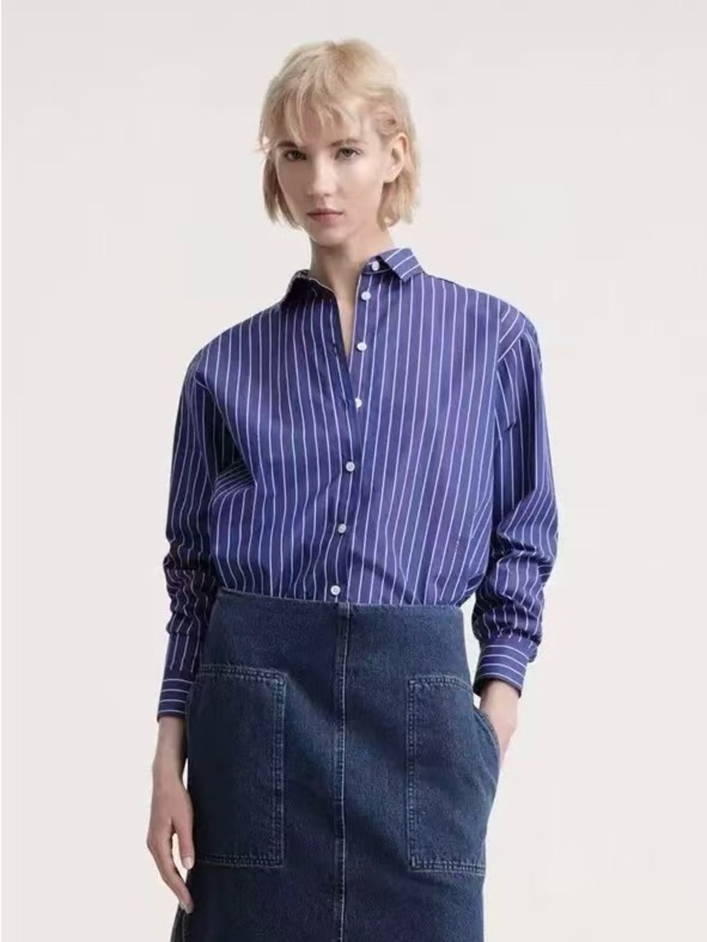 Toteme Navy and White Striped Button-Down Shirt Size 38